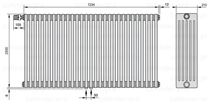 Схема (чертеж) Радиатор Zehnder Charleston 6250/29 №V007 Белый глянцевый RAL 9016